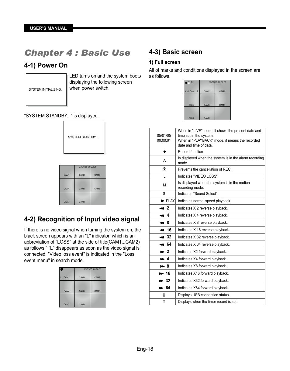 Chapter 4 : basic use, 1) power on, 2) recognition of input video signal | 3) basic screen, Eng-18 | Samsung SMT-190Dx User Manual | Page 18 / 354