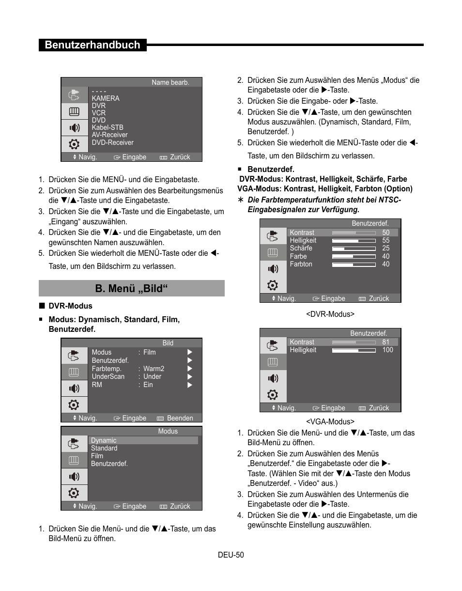 Benutzerhandbuch, B. menü „bild | Samsung SMT-190Dx User Manual | Page 186 / 354