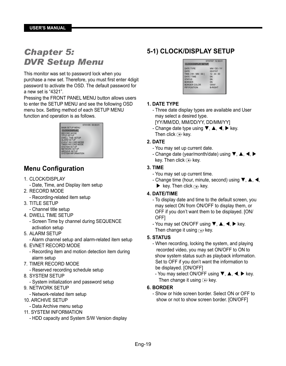 Chapter 5: dvr setup menu, Menu configuration, 1) clock/display setup | Samsung SMT-190Dx User Manual | Page 19 / 354