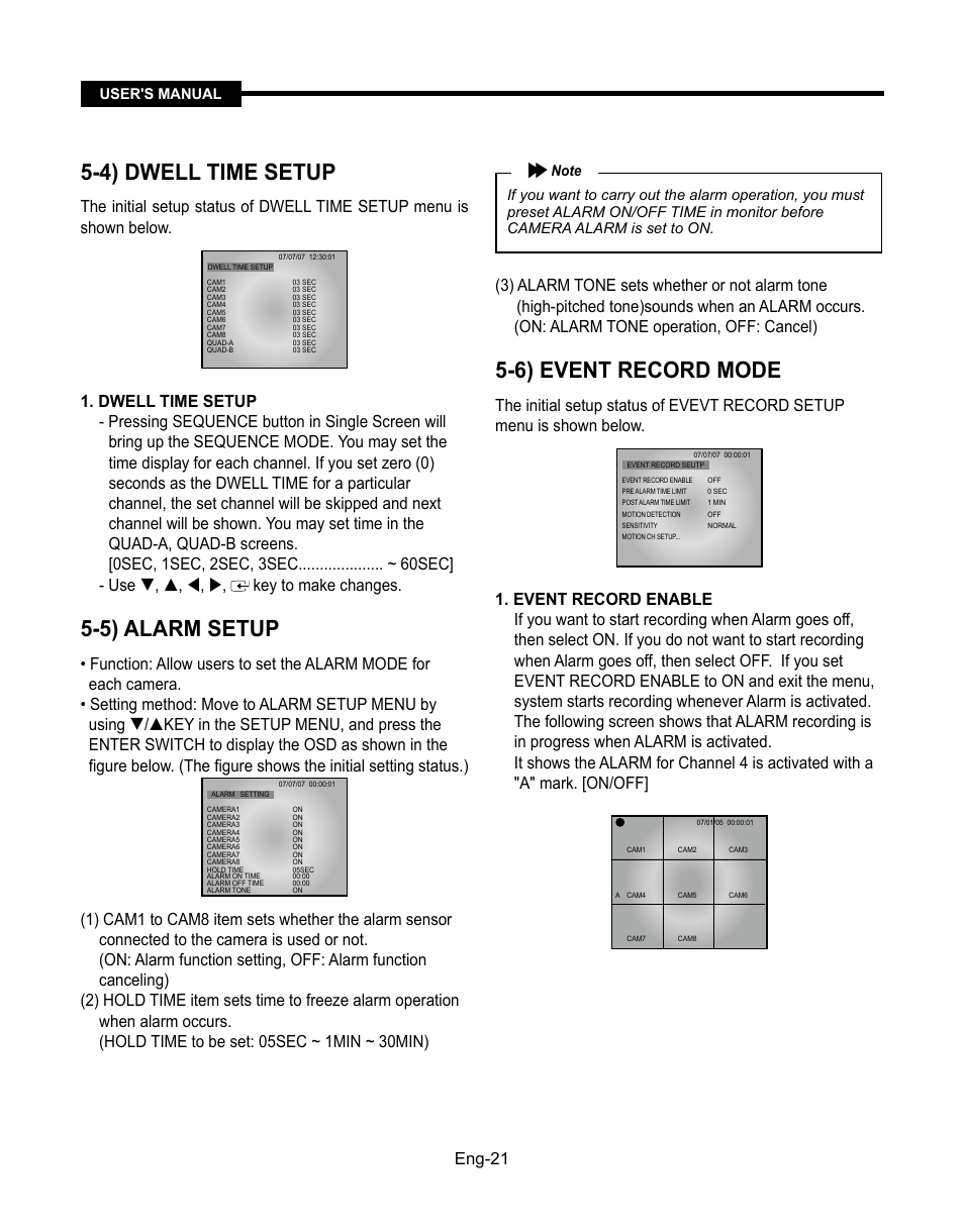 4) dwell time setup, 5) alarm setup, 6) event record mode | Eng-1, User's manual | Samsung SMT-190Dx User Manual | Page 21 / 354