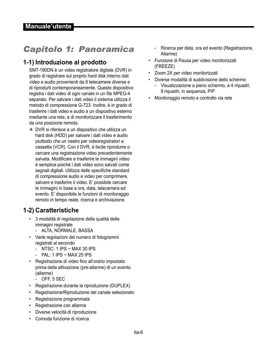 Capitolo 1: panoramica, Manuale’utente, 1) introduzione al prodotto | 2) caratteristiche | Samsung SMT-190Dx User Manual | Page 218 / 354