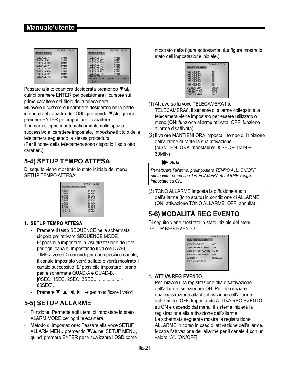 Manuale’utente, 4) setup tempo attesa, 5) setup allarme | 6) modalità reg evento, Ita-1 | Samsung SMT-190Dx User Manual | Page 233 / 354