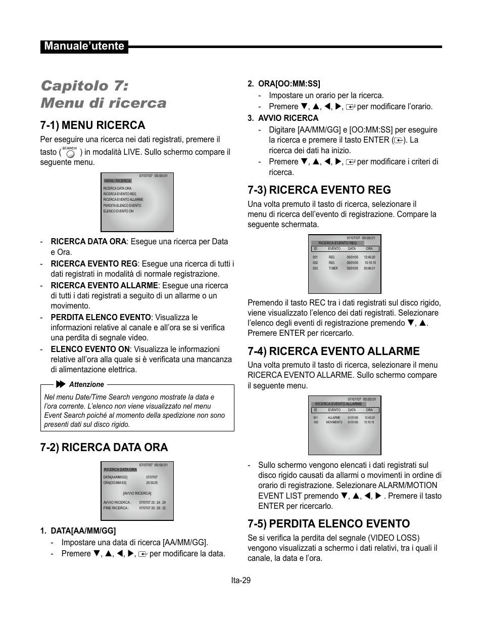 Capitolo 7: menu di ricerca, Manuale’utente, 1) menu ricerca | 2) ricerca data ora, 3) ricerca evento reg, 4) ricerca evento allarme, 5) perdita elenco evento, Ita-9 | Samsung SMT-190Dx User Manual | Page 241 / 354