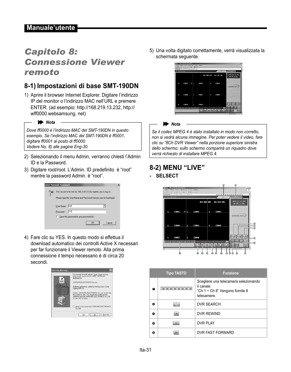 Capitolo 8: connessione viewer remoto, Manuale’utente, 1) impostazioni di base smt-190dn | 2) menu “live | Samsung SMT-190Dx User Manual | Page 243 / 354