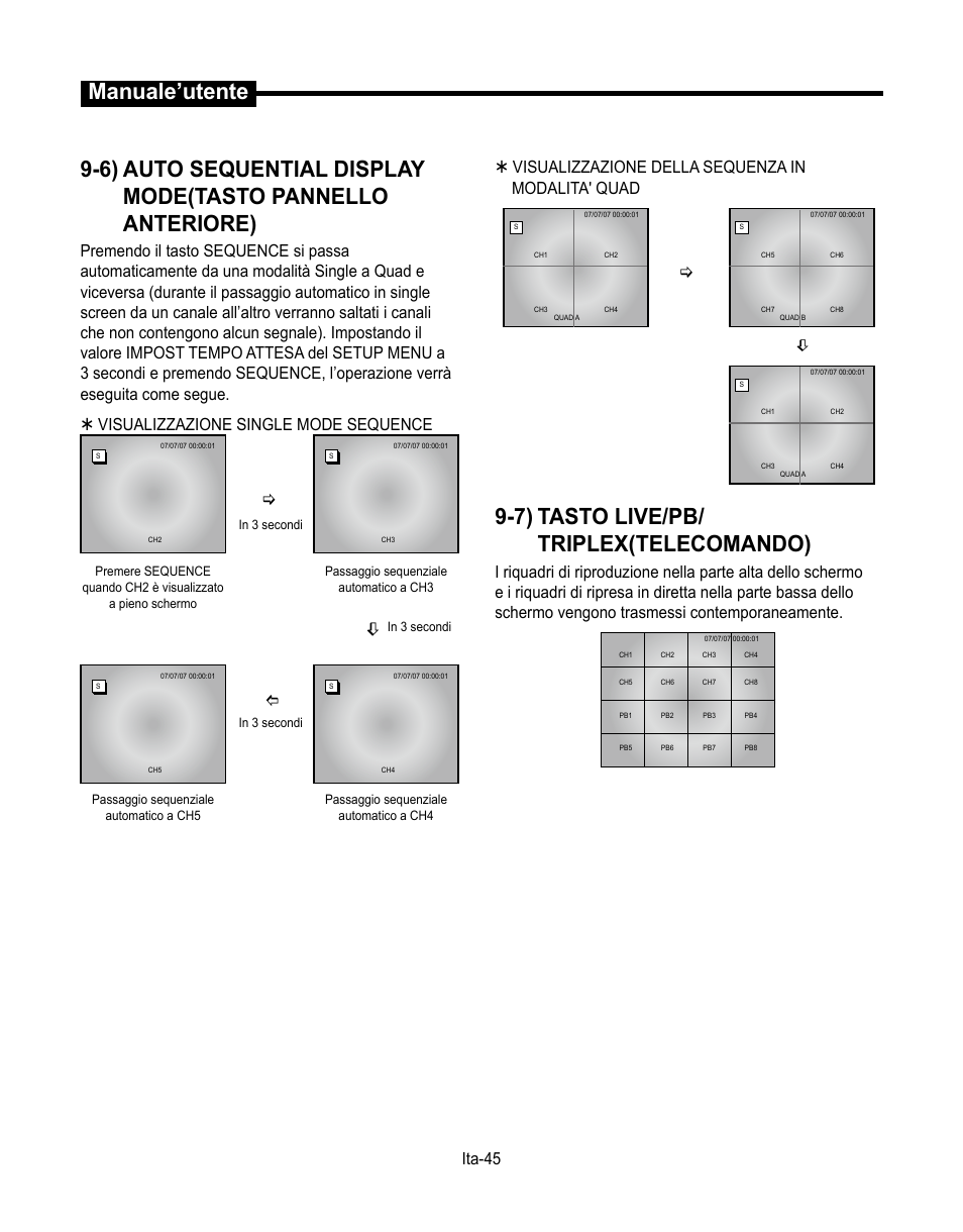 Manuale’utente, 7) tasto live/pb/ triplex(telecomando), Ita-5 | Visualizzazione della sequenza in modalita' quad | Samsung SMT-190Dx User Manual | Page 257 / 354