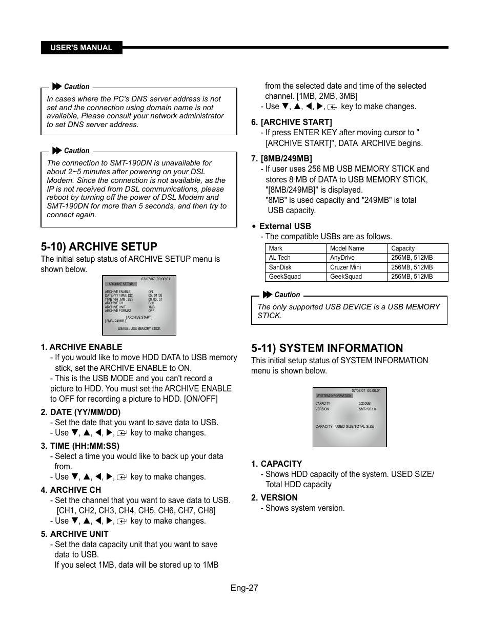 10) archive setup, 11) system information, Eng-7 | External usb - the compatible usbs are as follows | Samsung SMT-190Dx User Manual | Page 27 / 354