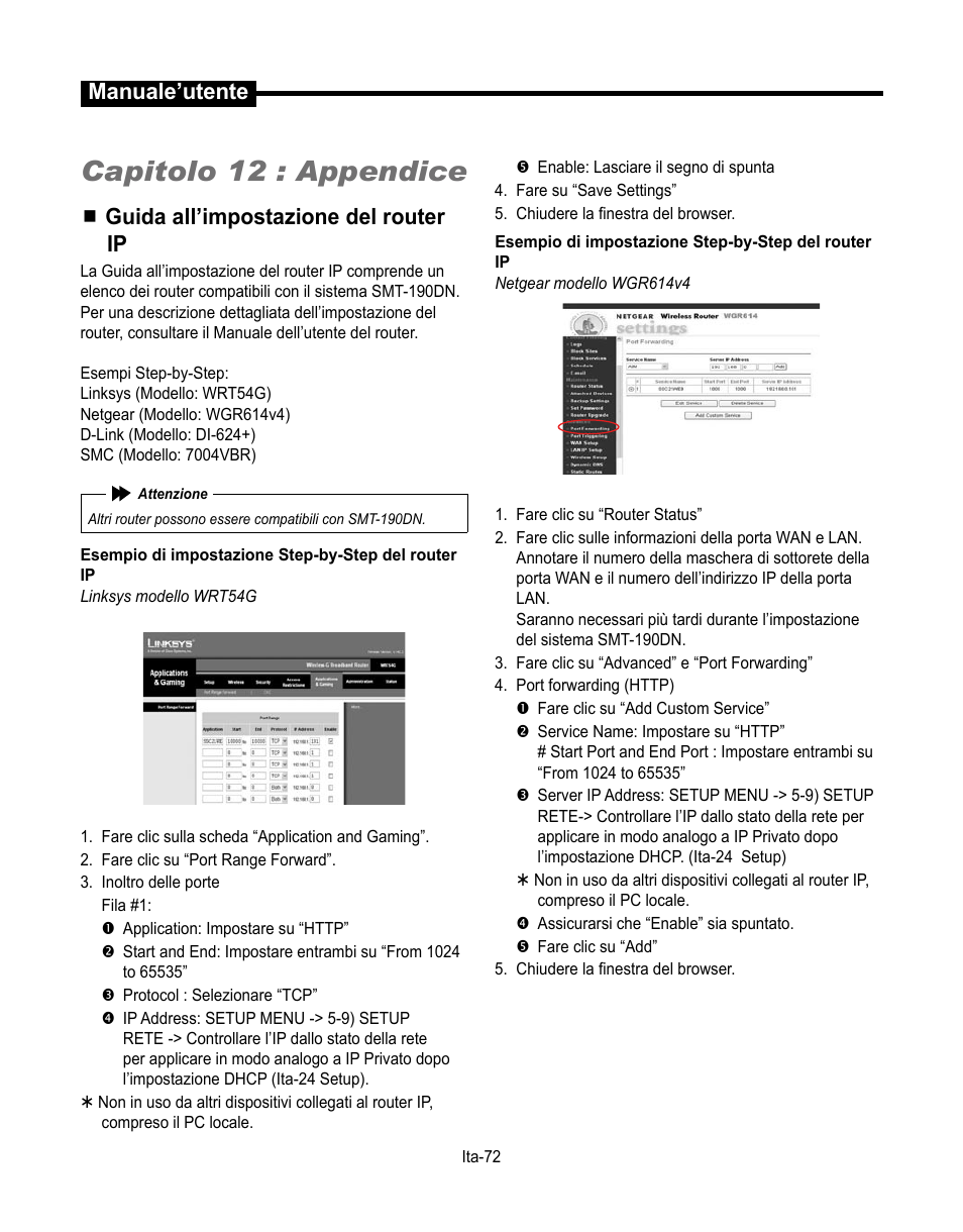 Capitolo 12 : appendice, Manuale’utente, Guida all’impostazione del router ip | Samsung SMT-190Dx User Manual | Page 284 / 354