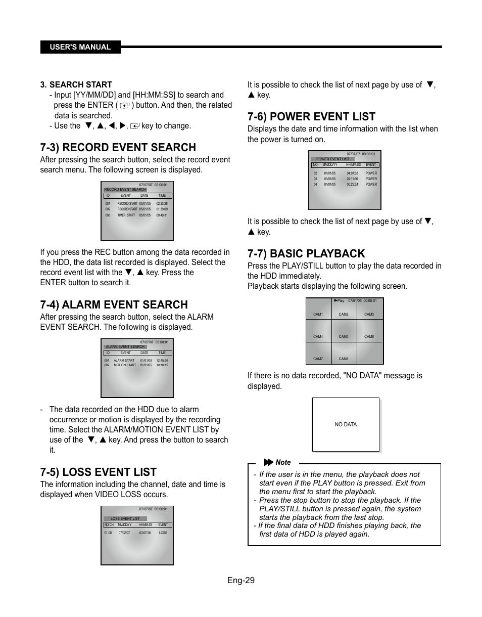 3) record event search, 4) alarm event search, 5) loss event list | 6) power event list, 7) basic playback, Eng-9 | Samsung SMT-190Dx User Manual | Page 29 / 354