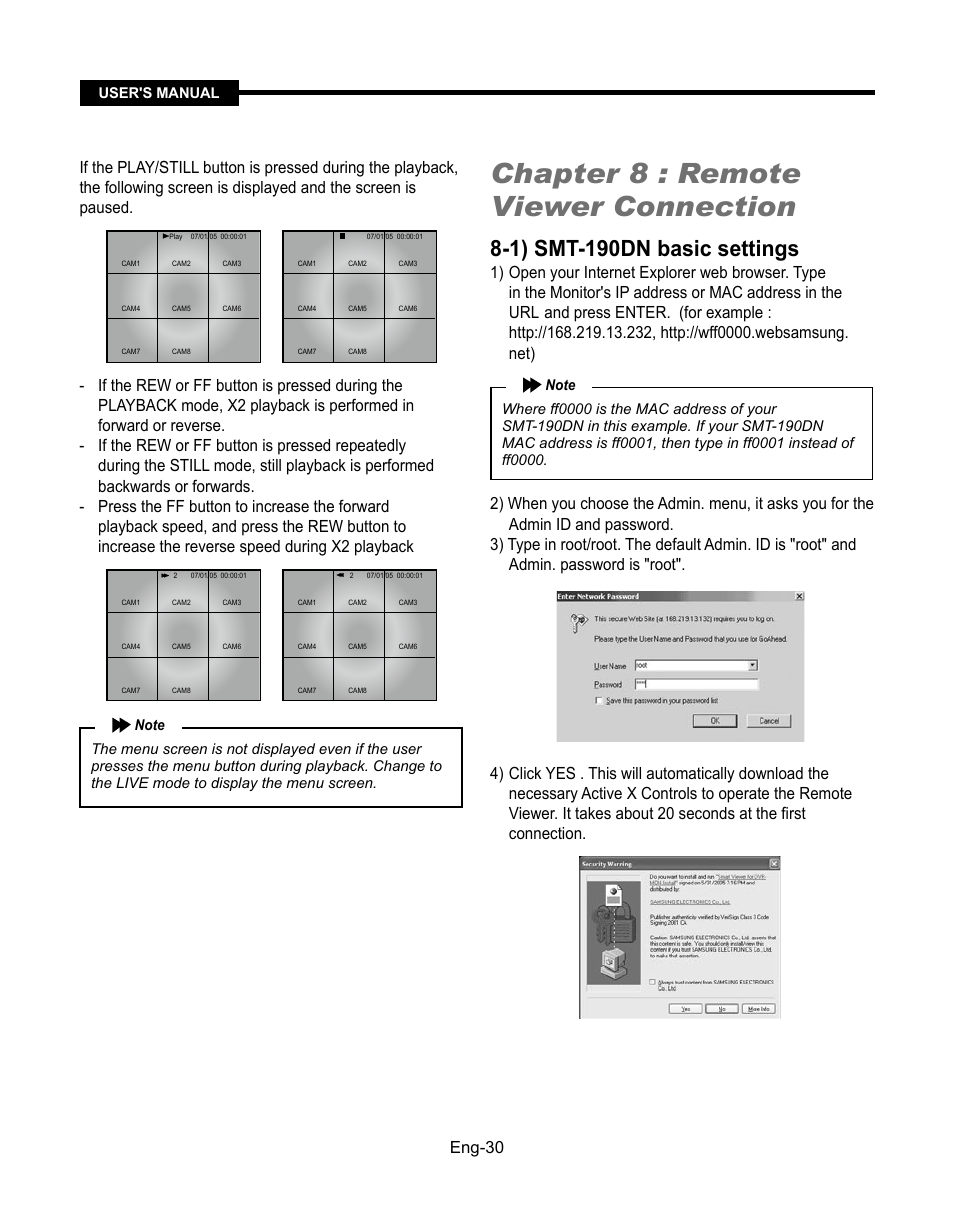 Chapter 8 : remote viewer connection, 1) smt-190dn basic settings | Samsung SMT-190Dx User Manual | Page 30 / 354