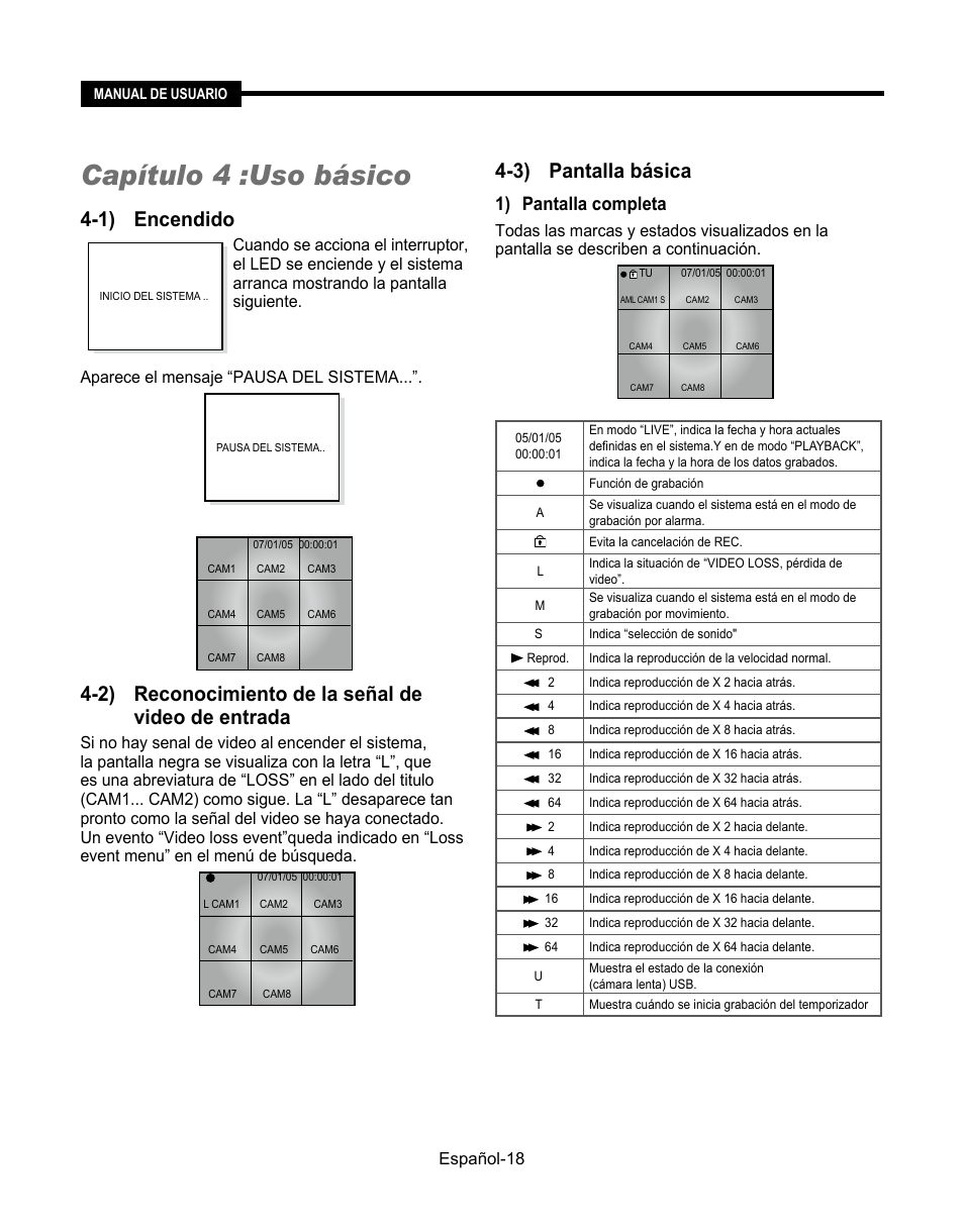 Capítulo 4 :uso básico, 1) encendido, 2) reconocimiento de la señal de video de entrada | 3) pantalla básica, 1) pantalla completa | Samsung SMT-190Dx User Manual | Page 304 / 354