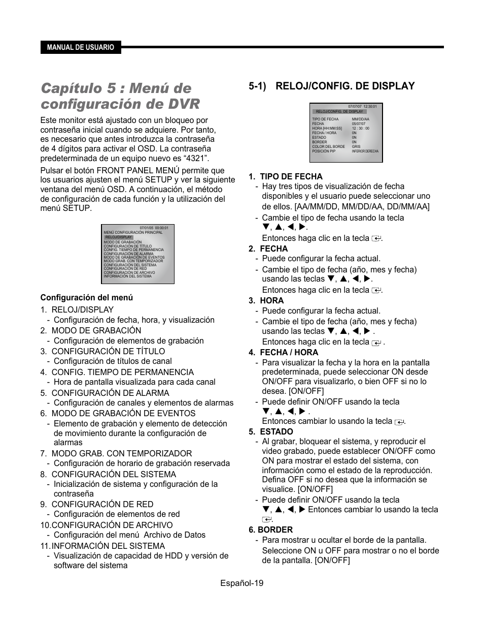 Capítulo 5 : menú de configuración de dvr, 1) reloj/config. de display | Samsung SMT-190Dx User Manual | Page 305 / 354