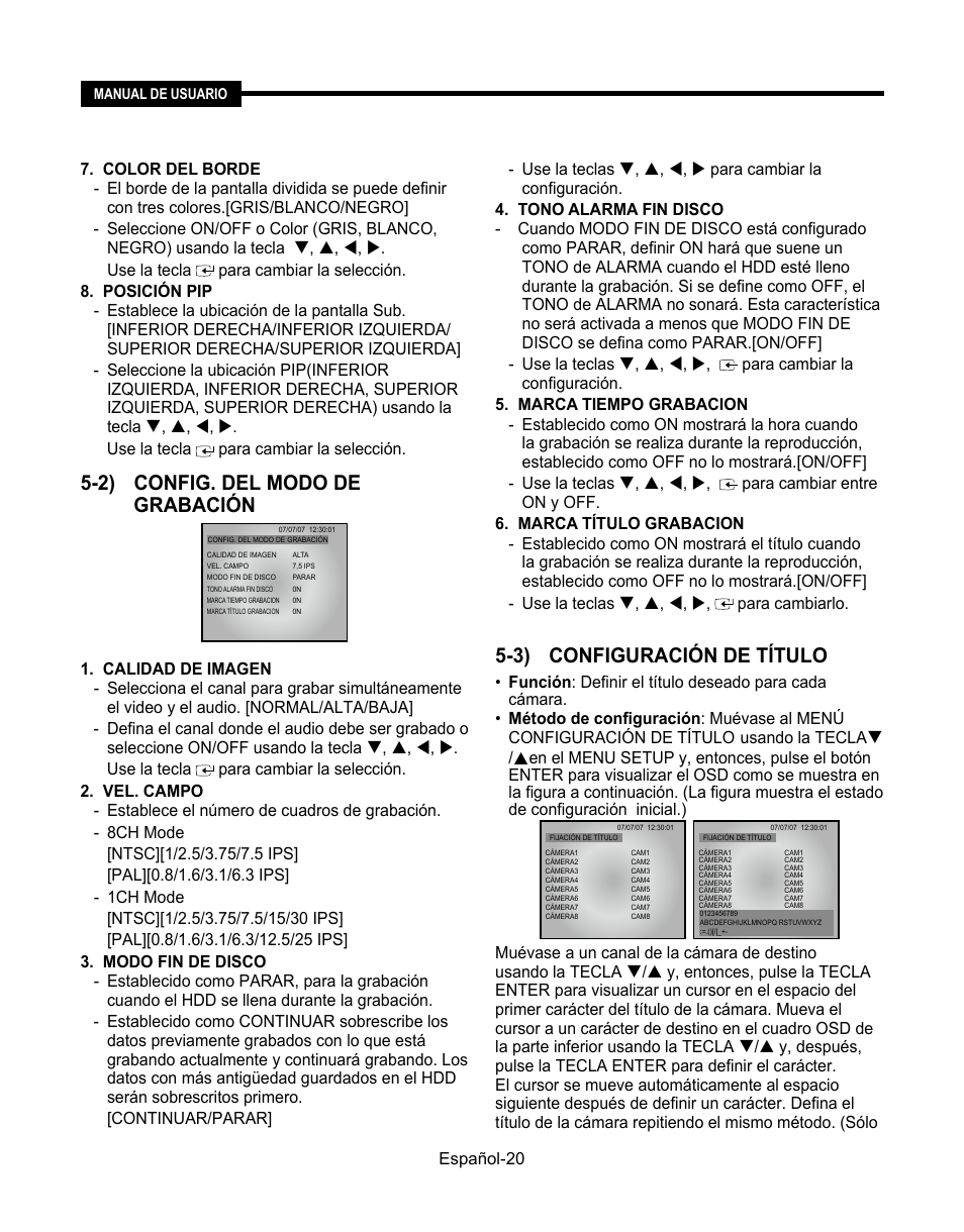 2) config. del modo de grabación, 3) configuración de título | Samsung SMT-190Dx User Manual | Page 306 / 354