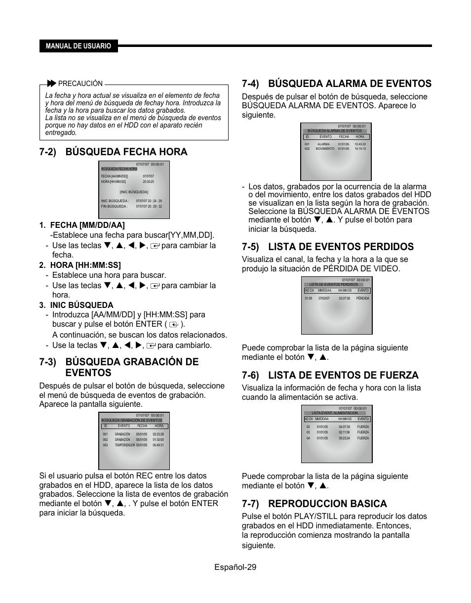 2) búsqueda fecha hora, 3) búsqueda grabación de eventos, 4) búsqueda alarma de eventos | 5) lista de eventos perdidos, 6) lista de eventos de fuerza, 7) reproduccion basica, Español-9 | Samsung SMT-190Dx User Manual | Page 315 / 354