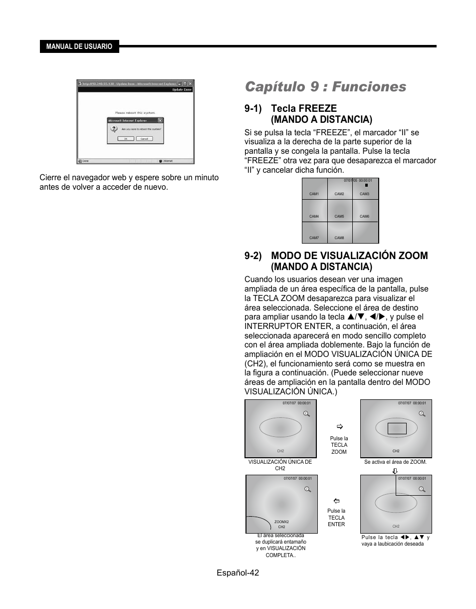 Capítulo 9 : funciones, 1) tecla freeze (mando a distancia), 2) modo de visualización zoom (mando a distancia) | Español | Samsung SMT-190Dx User Manual | Page 328 / 354