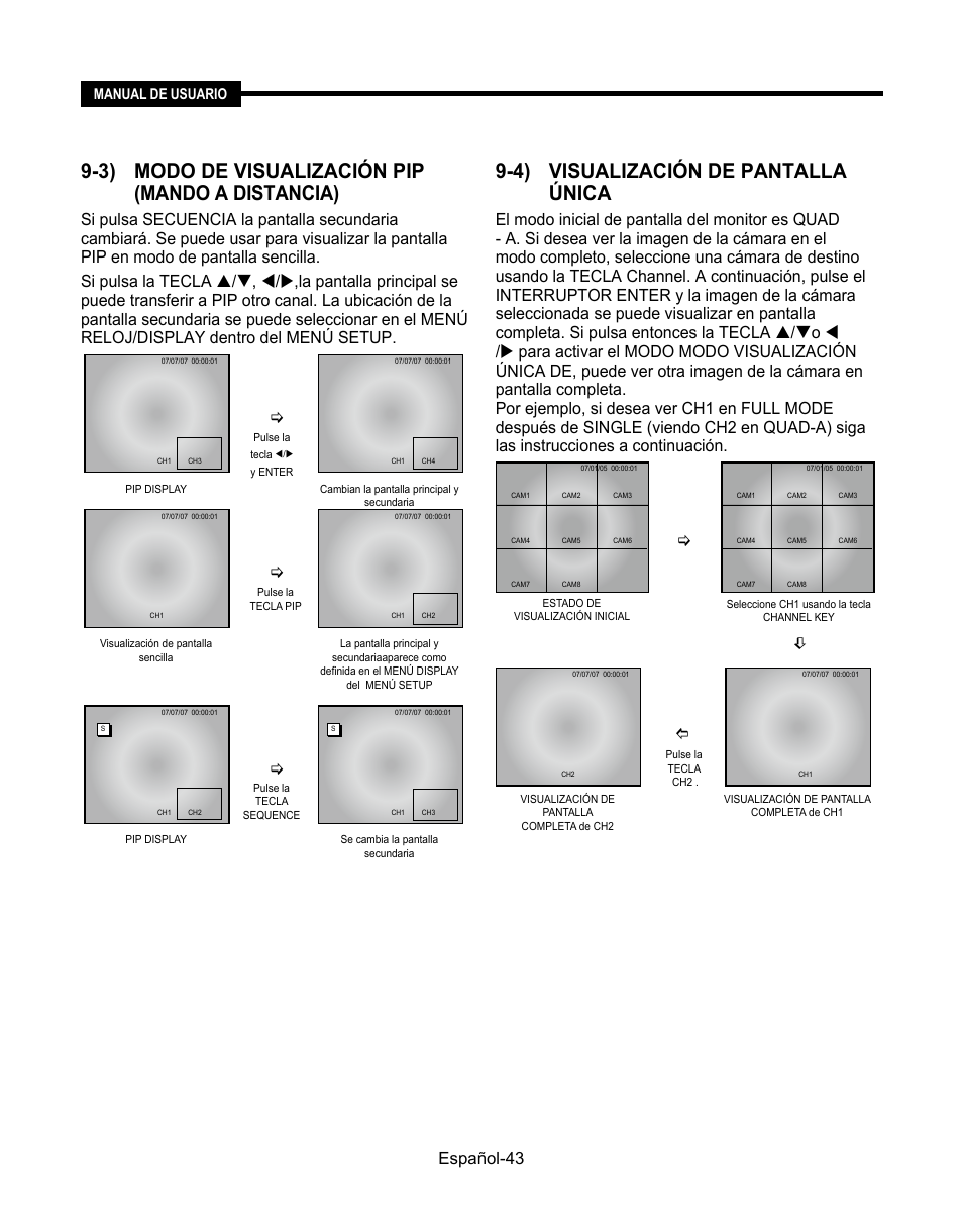 3) modo de visualización pip (mando a distancia), 4) visualización de pantalla única, Español | Manual de usuario | Samsung SMT-190Dx User Manual | Page 329 / 354