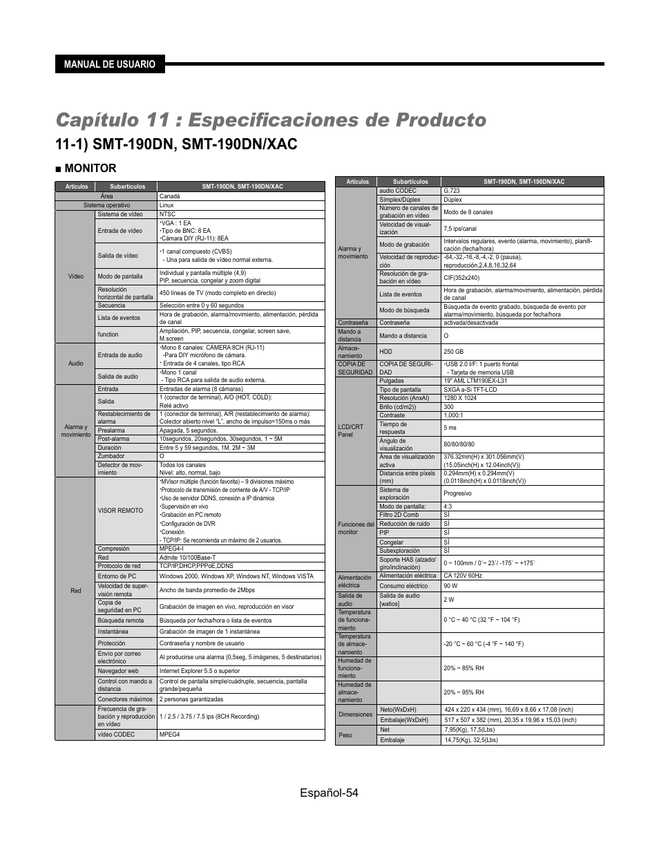 Capítulo 11 : especificaciones de producto, Monitor, Español-5 | Manual de usuario | Samsung SMT-190Dx User Manual | Page 340 / 354