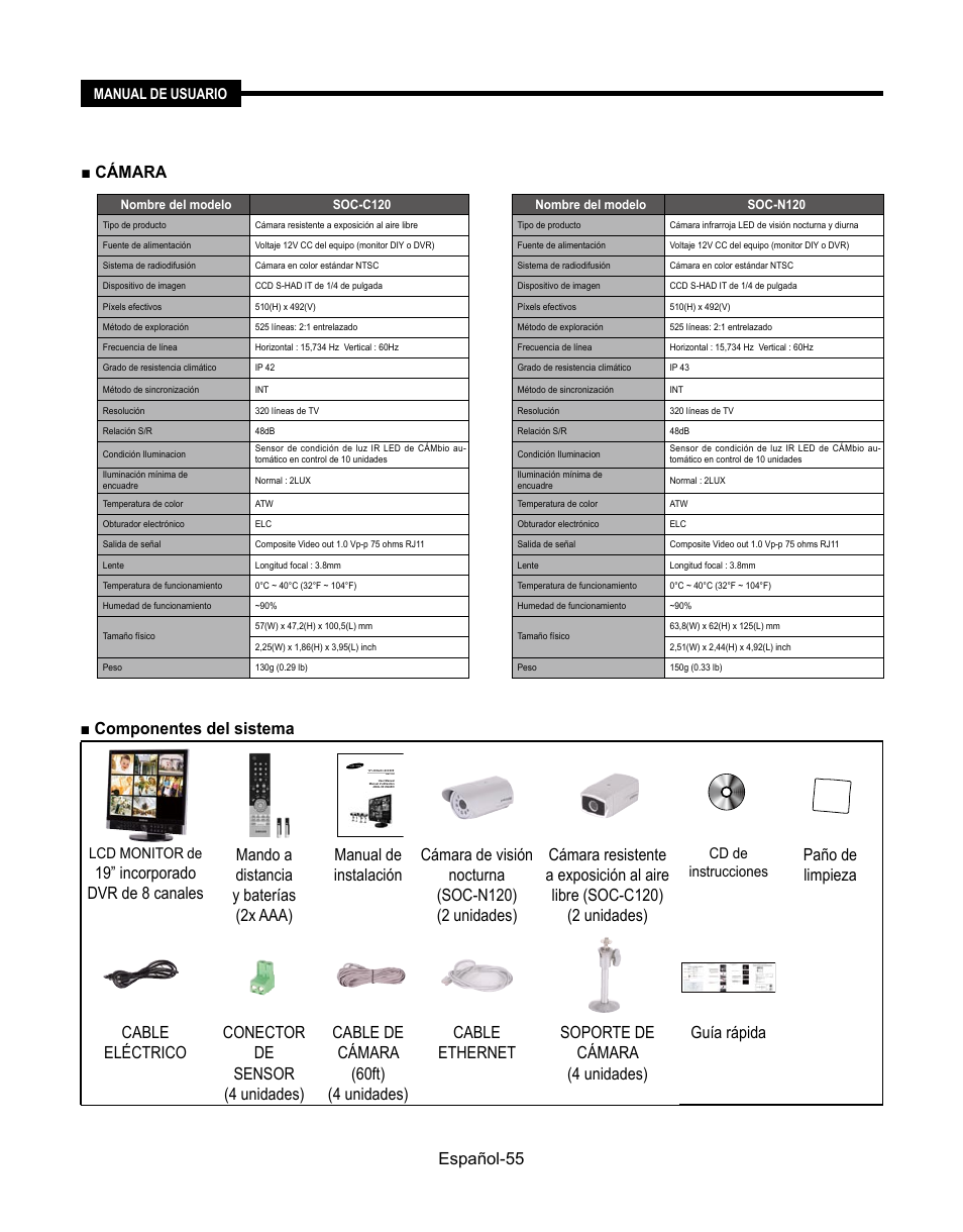 Cámara, Español-55 ■ componentes del sistema, Paño de limpieza | Samsung SMT-190Dx User Manual | Page 341 / 354