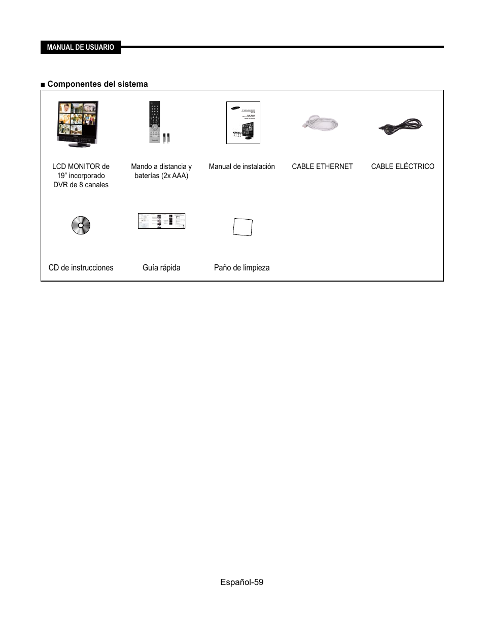 Español-59 ■ componentes del sistema, Cd de instrucciones guía rápida paño de limpieza | Samsung SMT-190Dx User Manual | Page 345 / 354