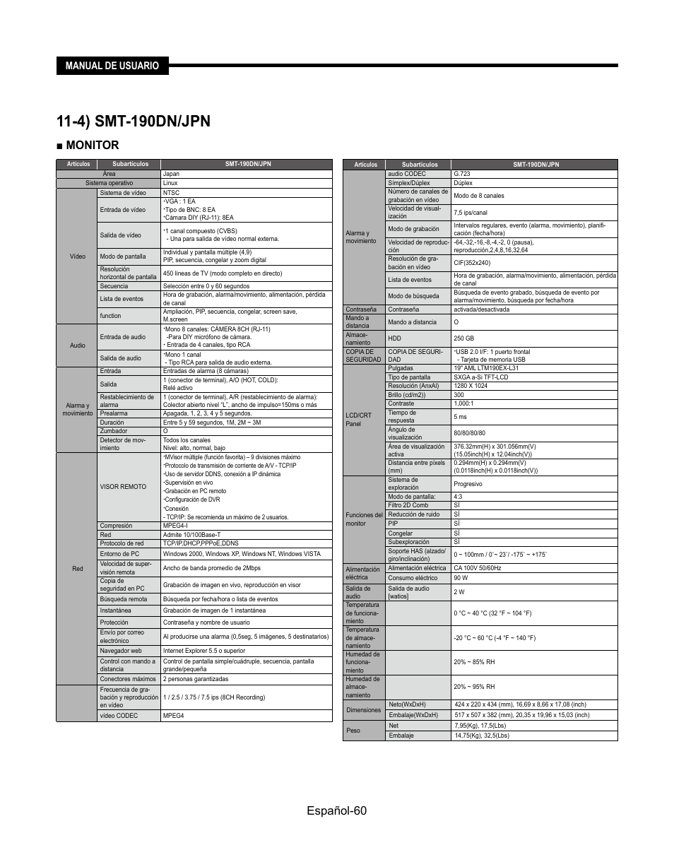 4) smt-190dn/jpn, Español-60, Monitor | Manual de usuario | Samsung SMT-190Dx User Manual | Page 346 / 354