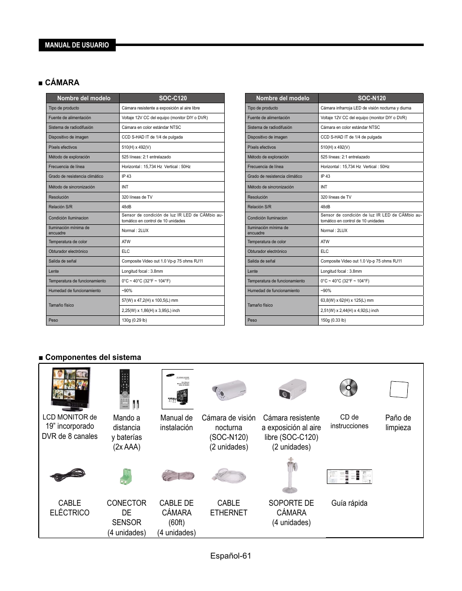 Español-61 ■ cámara, Componentes del sistema, Paño de limpieza | Samsung SMT-190Dx User Manual | Page 347 / 354