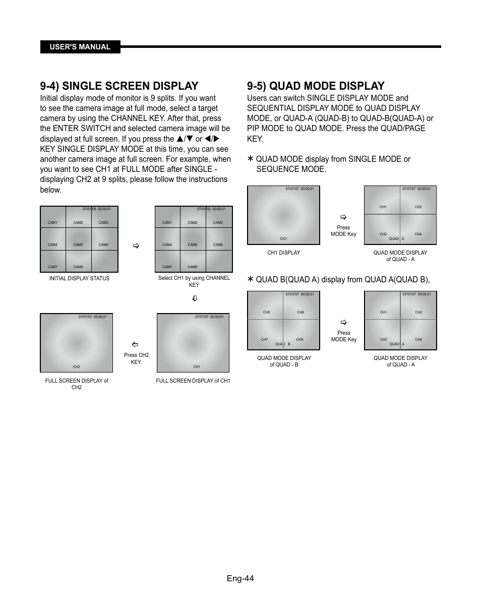 4) single screen display, 5) quad mode display, Quad b(quad a) display from quad a(quad b) | User's manual | Samsung SMT-190Dx User Manual | Page 44 / 354