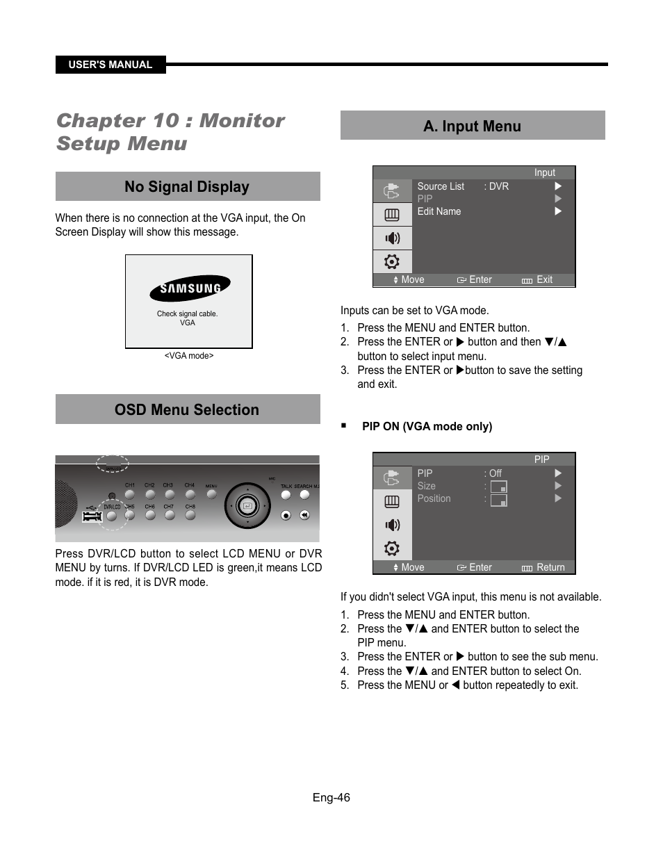 Chapter 10 : monitor setup menu, No signal display, Osd menu selection | A. input menu | Samsung SMT-190Dx User Manual | Page 46 / 354