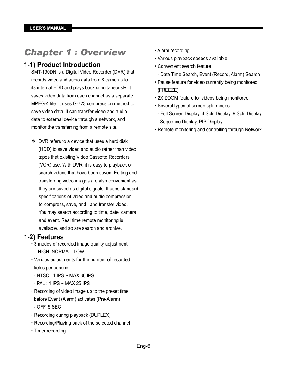 Chapter 1 : overview, 1) product introduction, 2) features | Samsung SMT-190Dx User Manual | Page 6 / 354