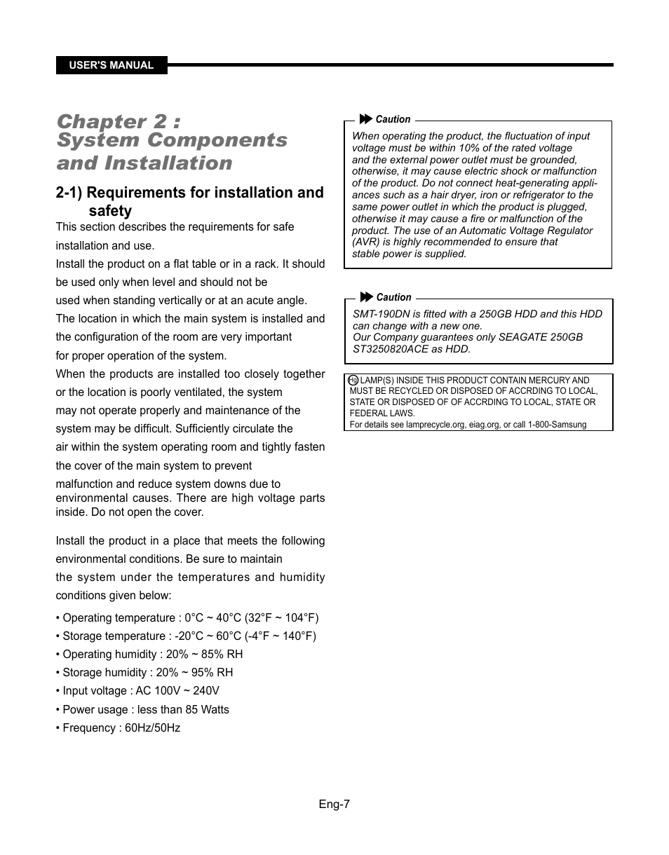 Chapter 2 : system components and installation, 1) requirements for installation and safety | Samsung SMT-190Dx User Manual | Page 7 / 354