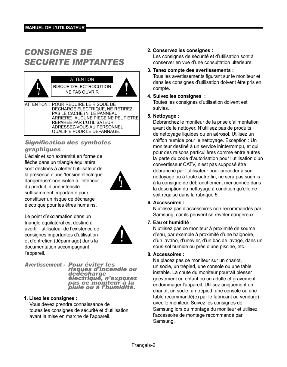 Consignes de securite imptantes | Samsung SMT-190Dx User Manual | Page 70 / 354