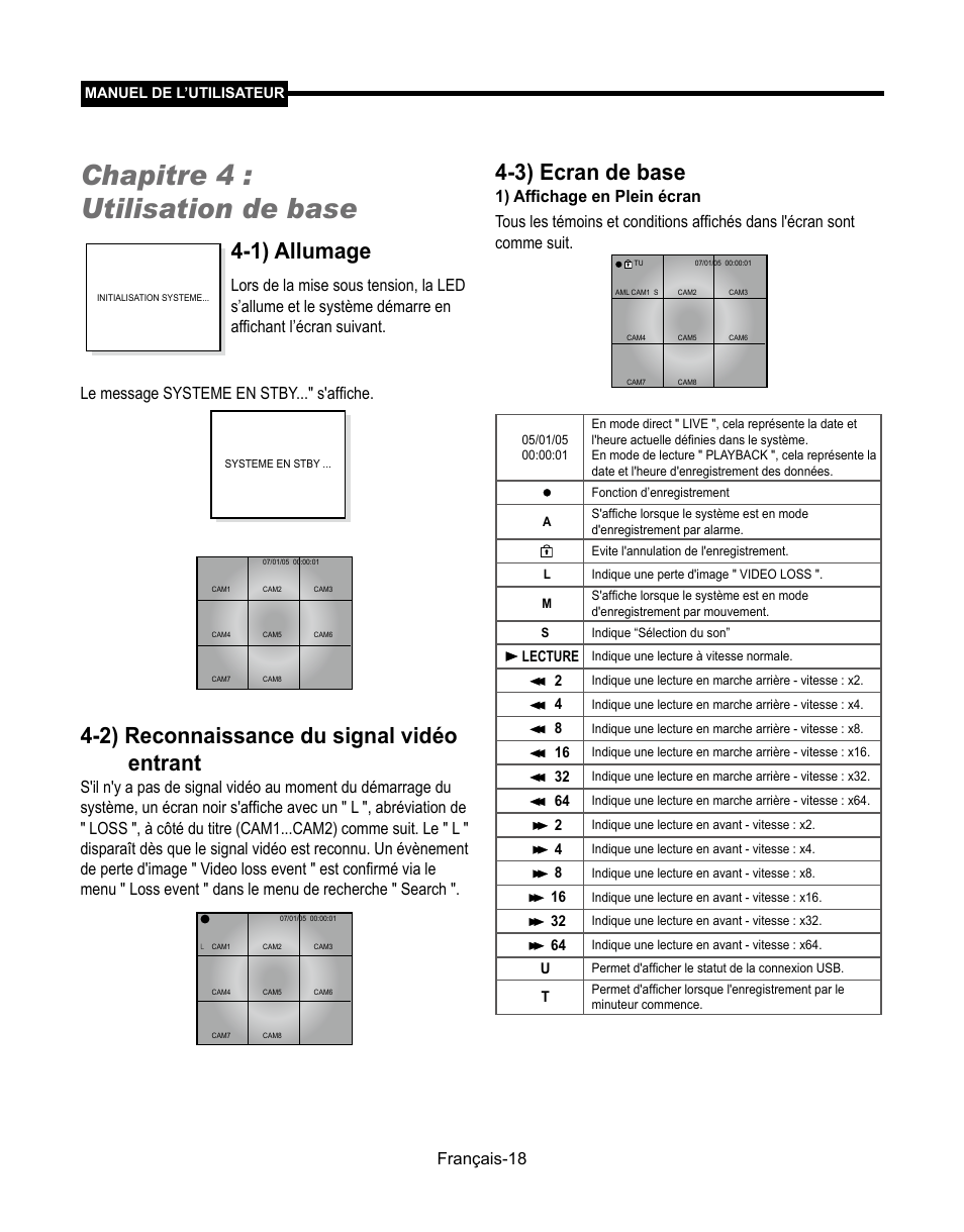 Chapitre 4 : utilisation de base, 1) allumage, 2) reconnaissance du signal vidéo entrant | 3) ecran de base, Français-18 | Samsung SMT-190Dx User Manual | Page 86 / 354