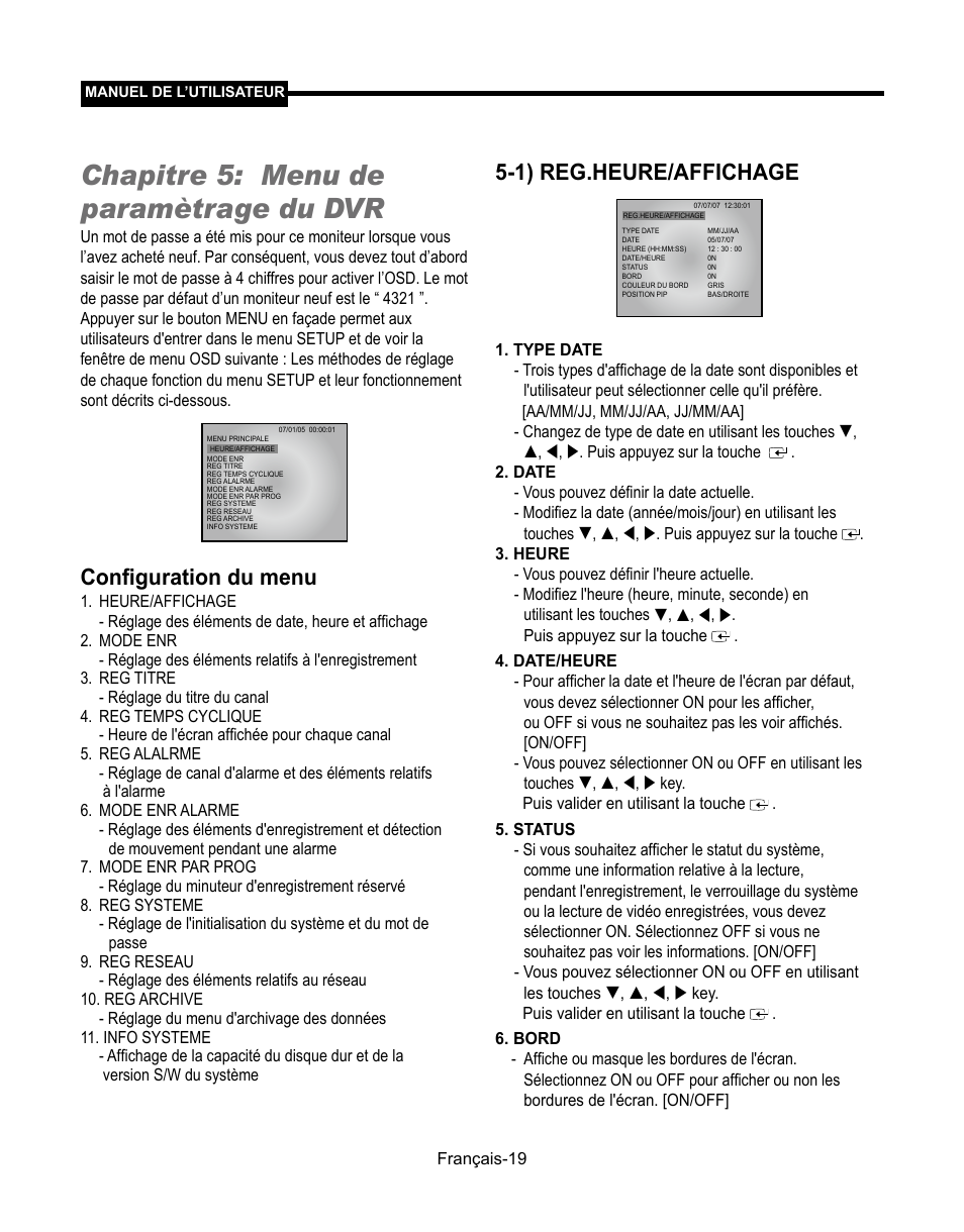 Chapitre 5: menu de paramètrage du dvr, Configuration du menu, 1) reg.heure/affichage | Samsung SMT-190Dx User Manual | Page 87 / 354