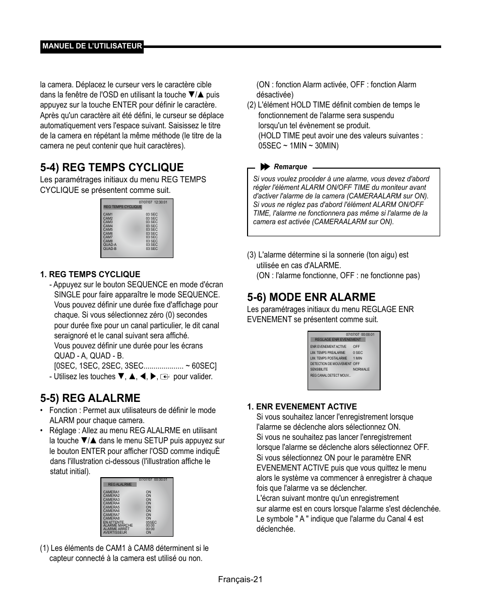 4) reg temps cyclique, 5) reg alalrme, 6) mode enr alarme | Samsung SMT-190Dx User Manual | Page 89 / 354