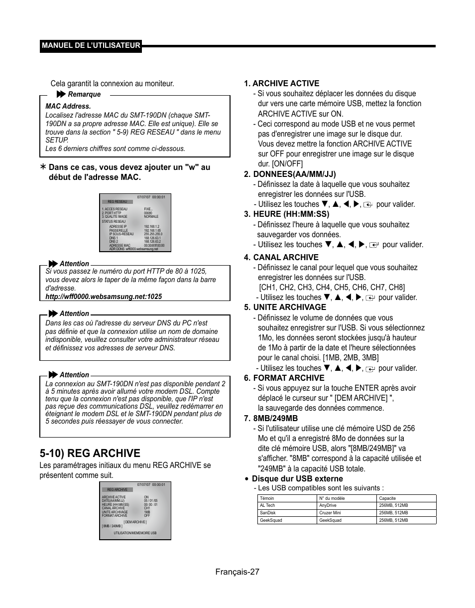 10) reg archive, Français-7 cela garantit la connexion au moniteur, Disque dur usb externe | Samsung SMT-190Dx User Manual | Page 95 / 354