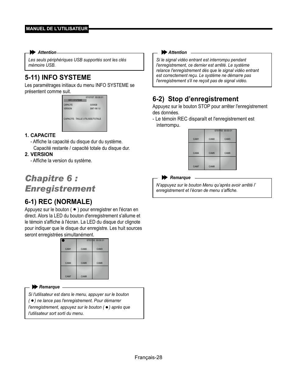 Chapitre 6 : enregistrement, 11) info systeme, 1) rec (normale) | 2) stop d’enregistrement, Français-8, Appuyez sur le bouton | Samsung SMT-190Dx User Manual | Page 96 / 354