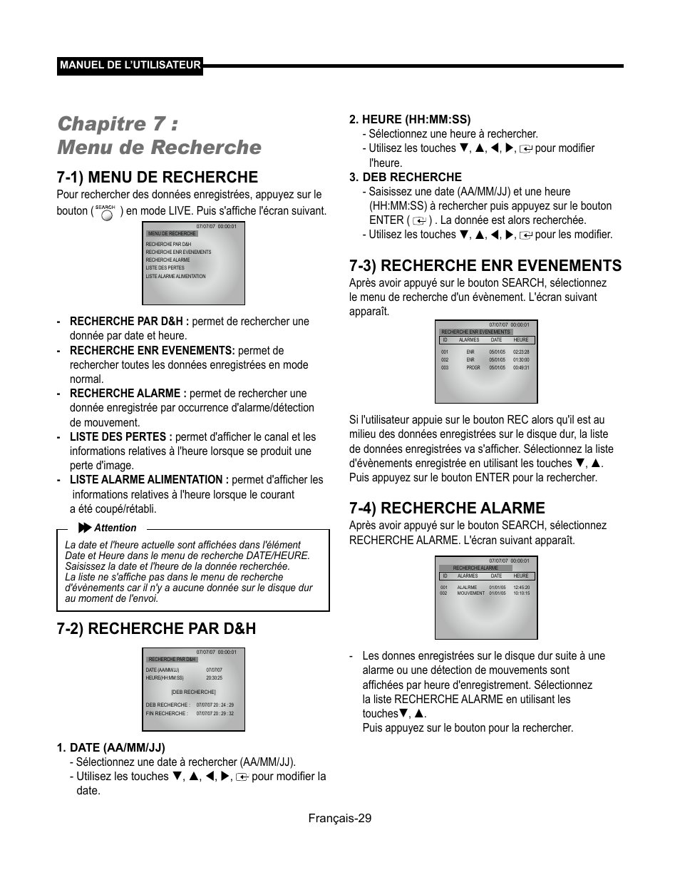 Chapitre 7 : menu de recherche, 1) menu de recherche, 2) recherche par d&h | 3) recherche enr evenements, 4) recherche alarme, Français-9 | Samsung SMT-190Dx User Manual | Page 97 / 354