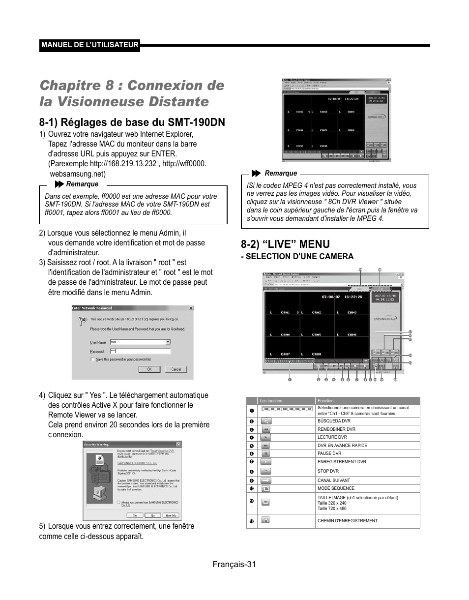 Chapitre 8 : connexion de la visionneuse distante, 1) réglages de base du smt-190dn, 2) “live” menu | Samsung SMT-190Dx User Manual | Page 99 / 354