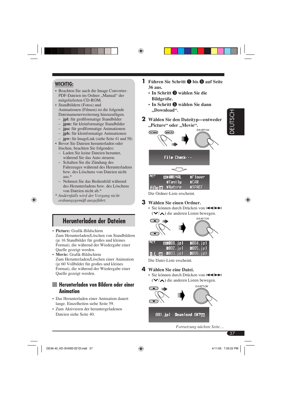 Herunterladen der dateien, Deutsch 1, Herunterladen von bildern oder einer animation | JVC KD-SHX851 User Manual | Page 101 / 195