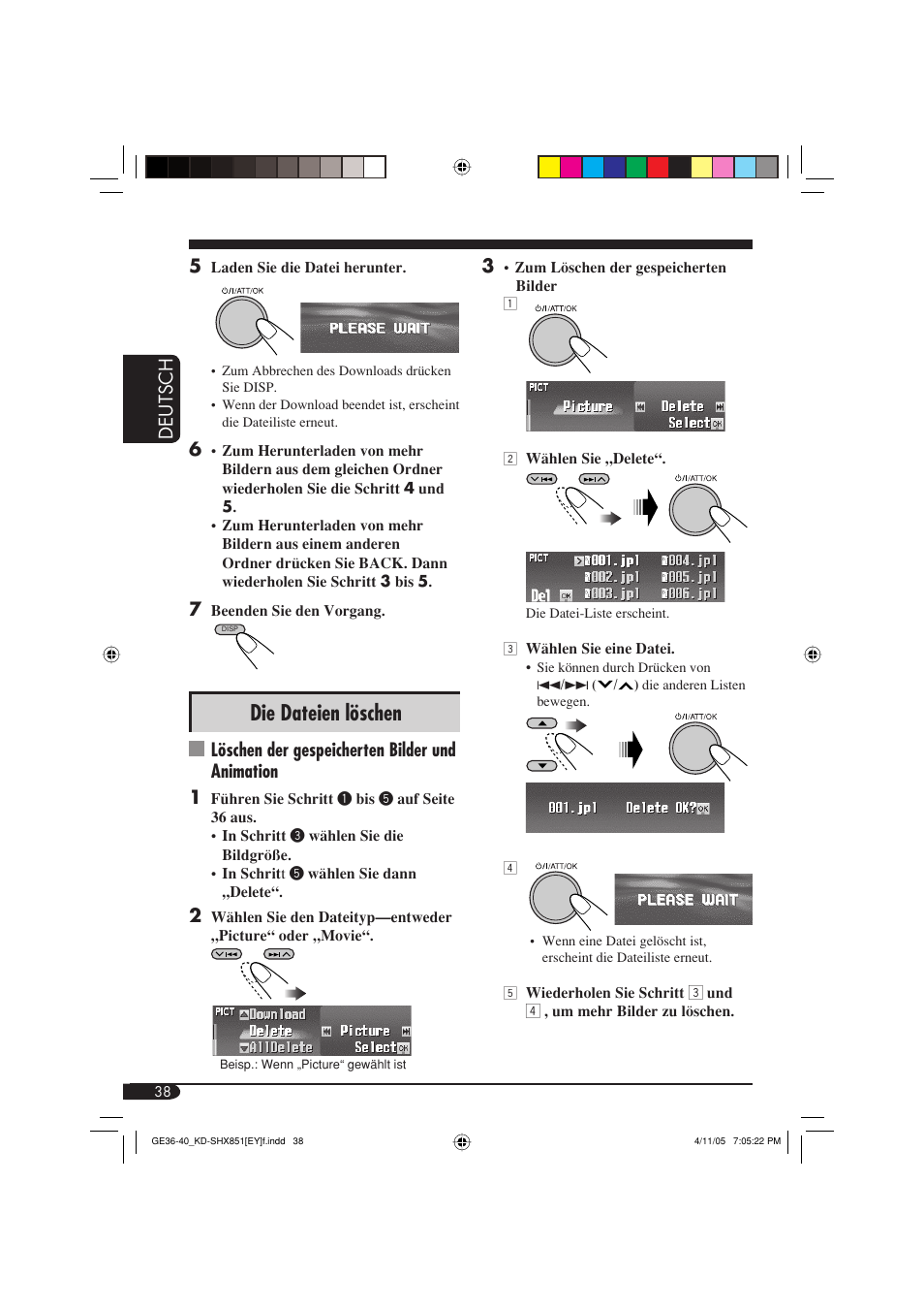 Die dateien löschen, Deutsch 5, Löschen der gespeicherten bilder und animation 1 | JVC KD-SHX851 User Manual | Page 102 / 195