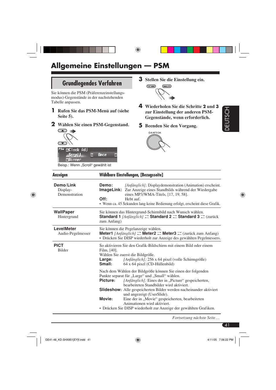 Allgemeine einstellungen — psm, Grundlegendes verfahren, Deutsch 3 | JVC KD-SHX851 User Manual | Page 105 / 195