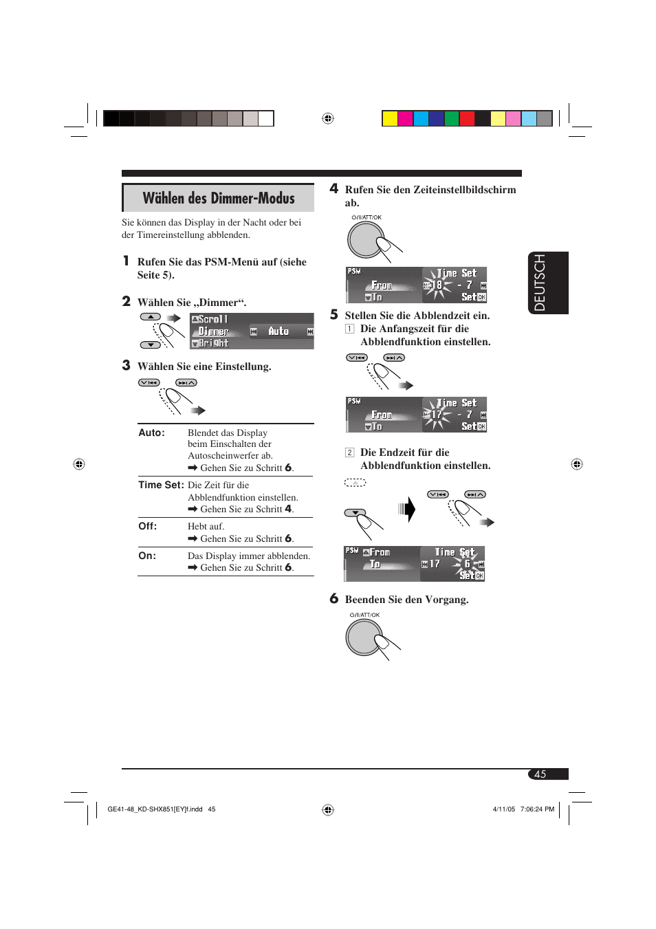 Wählen des dimmer-modus, Deutsch 4 | JVC KD-SHX851 User Manual | Page 109 / 195