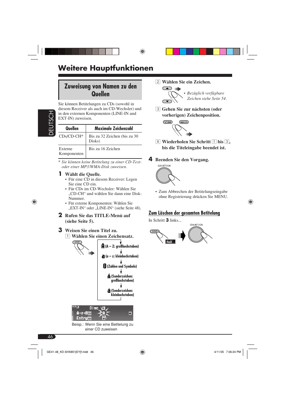 Weitere hauptfunktionen, Zuweisung von namen zu den quellen, Deutsch | JVC KD-SHX851 User Manual | Page 110 / 195