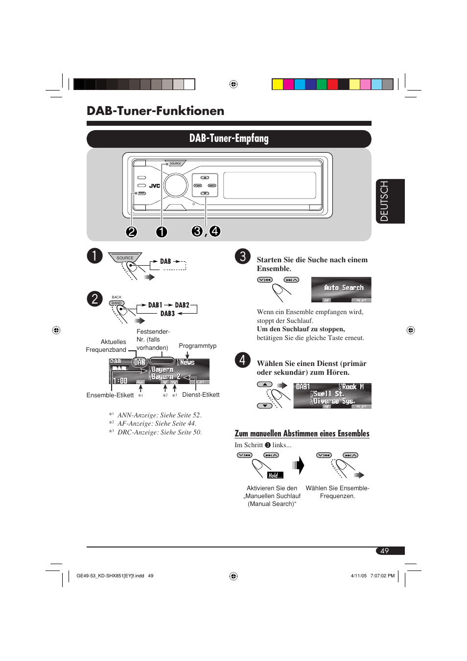 Dab-tuner-funktionen, Dab-tuner-empfang, Deutsch | JVC KD-SHX851 User Manual | Page 113 / 195