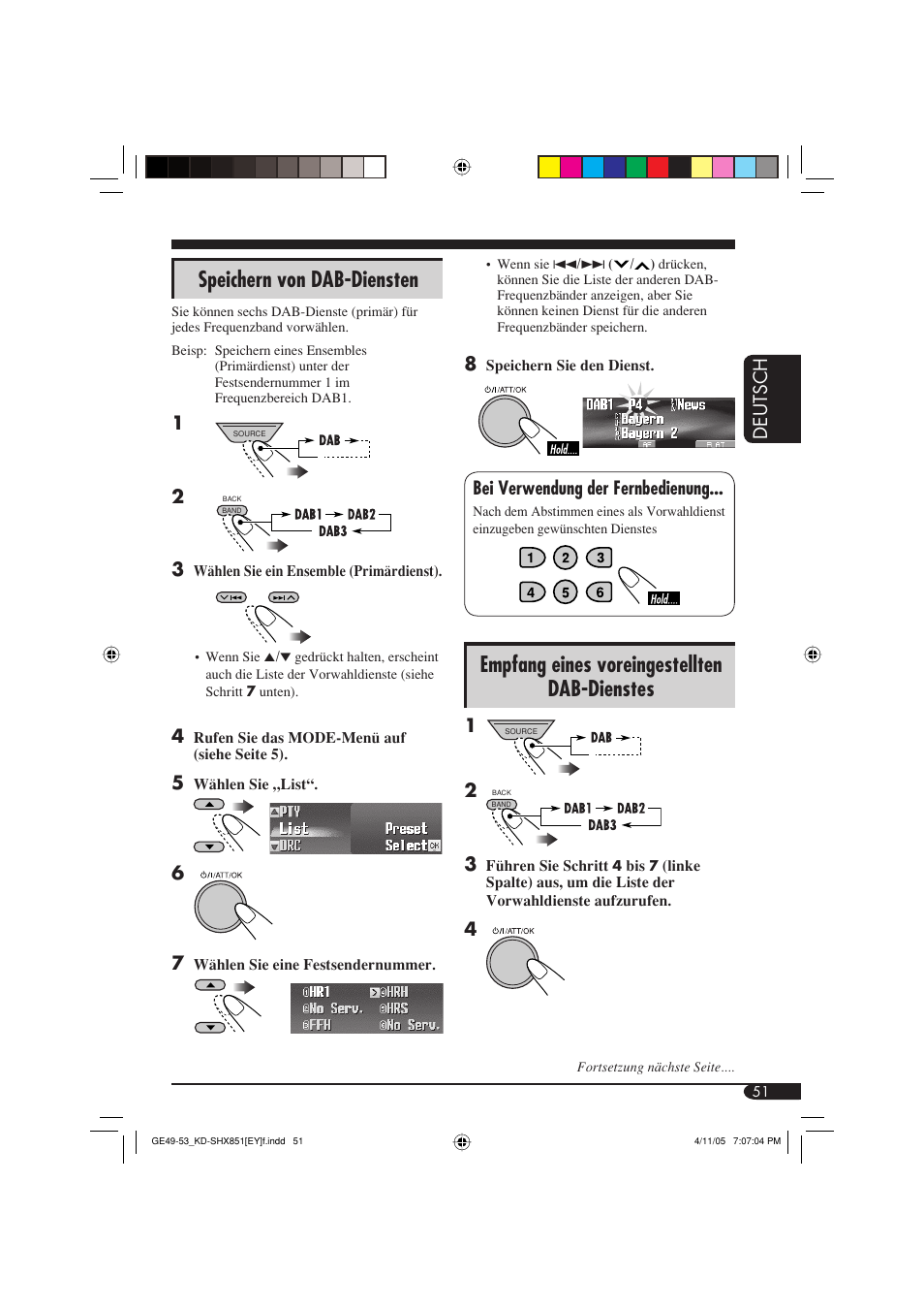 Empfang eines voreingestellten dab-dienstes, Speichern von dab-diensten, Deutsch | Bei verwendung der fernbedienung | JVC KD-SHX851 User Manual | Page 115 / 195