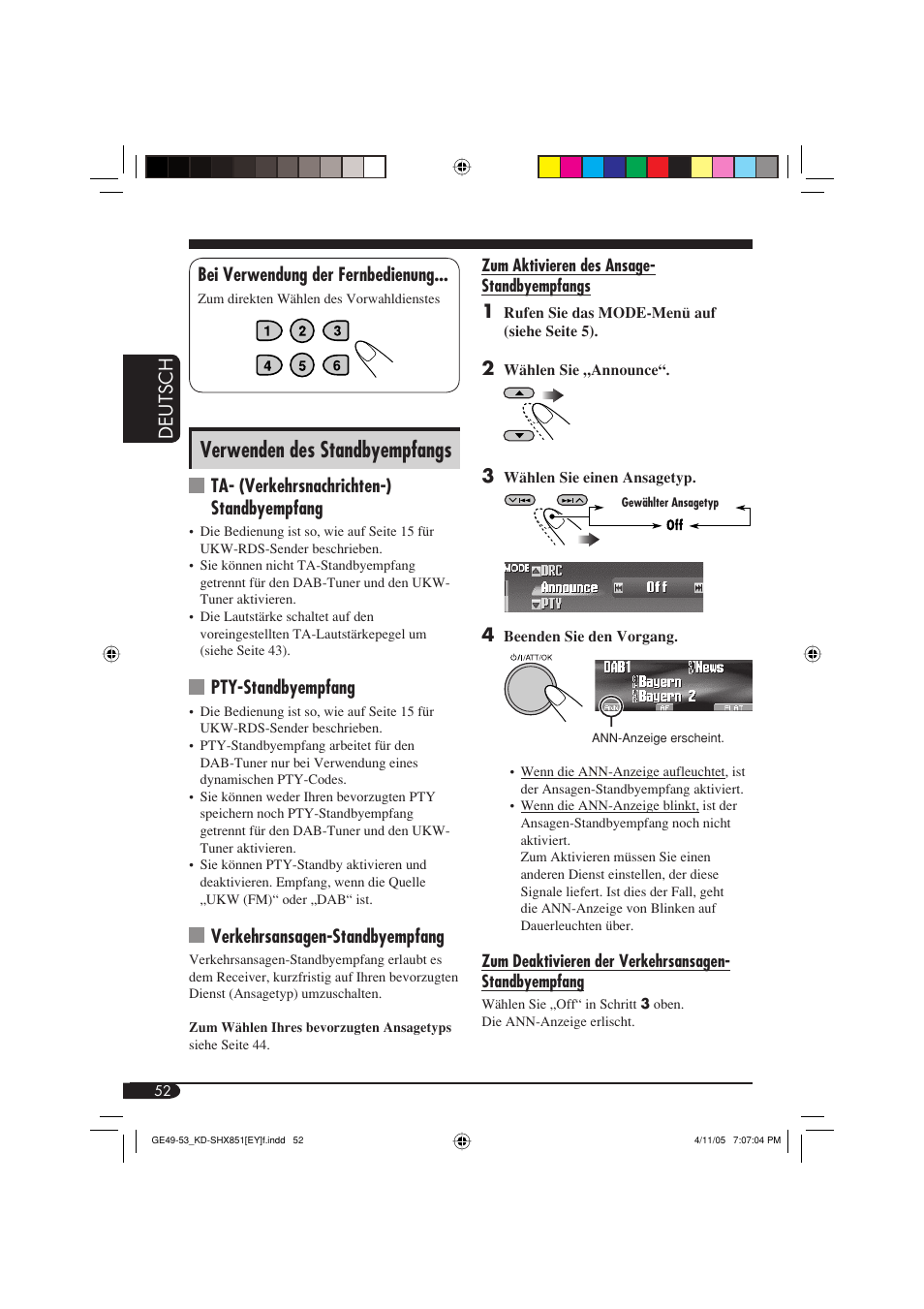 Verwenden des standbyempfangs, Deutsch, Bei verwendung der fernbedienung | Ta- (verkehrsnachrichten-) standbyempfang, Pty-standbyempfang, Verkehrsansagen-standbyempfang | JVC KD-SHX851 User Manual | Page 116 / 195