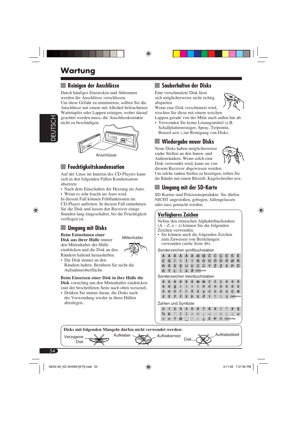 Wartung, Deutsch sauberhalten der disks, Wiedergabe neuer disks | Umgang mit der sd-karte, Reinigen der anschlüsse, Feuchtigkeitskondensation, Umgang mit disks | JVC KD-SHX851 User Manual | Page 118 / 195