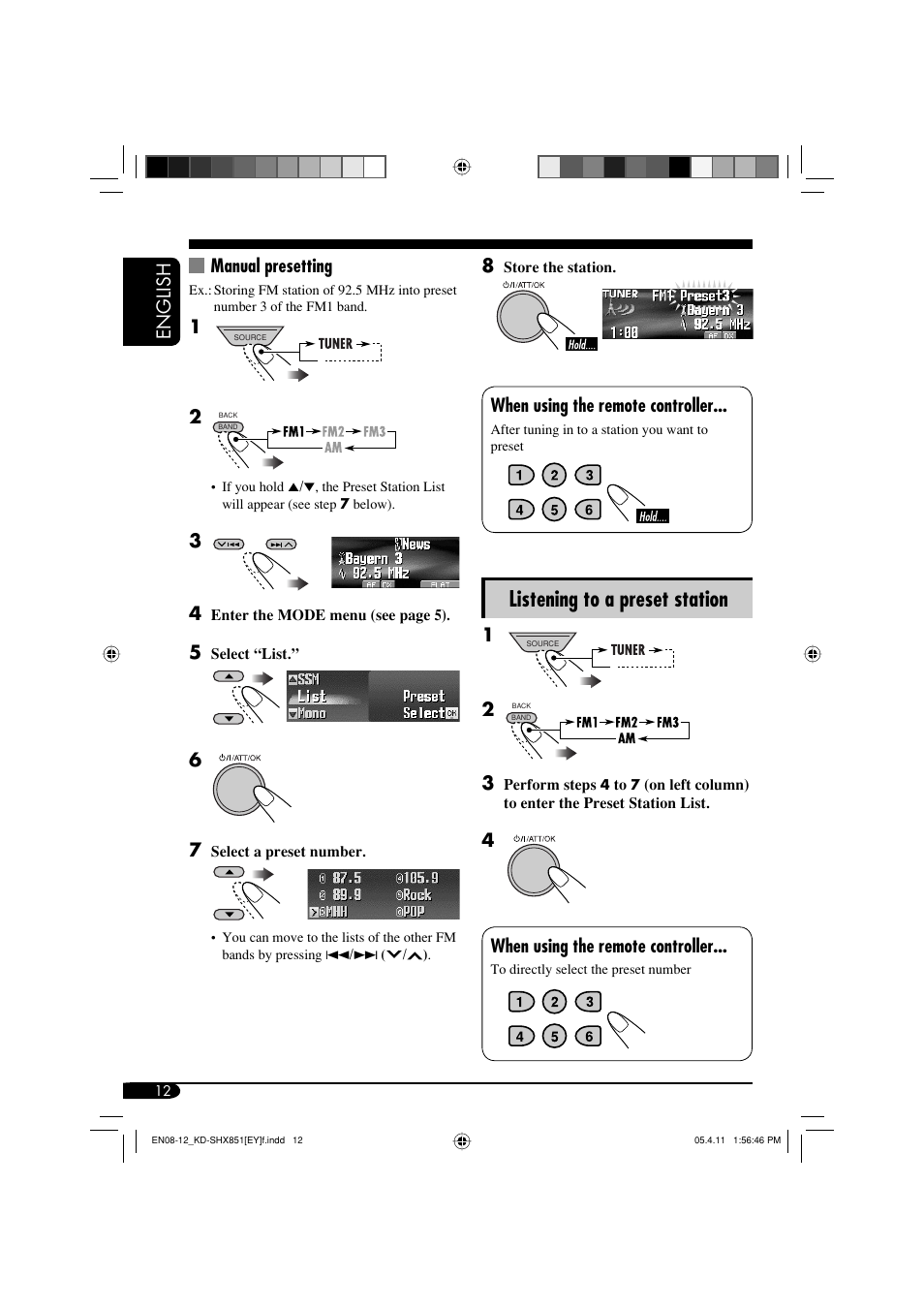 Listening to a preset station, English manual presetting, When using the remote controller | 4when using the remote controller | JVC KD-SHX851 User Manual | Page 12 / 195