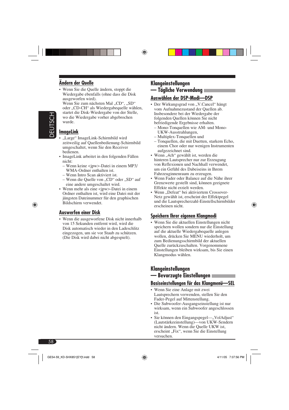 Deutsch klangeinstellungen — tägliche verwendung, Klangeinstellungen — bevorzugte einstellungen | JVC KD-SHX851 User Manual | Page 122 / 195