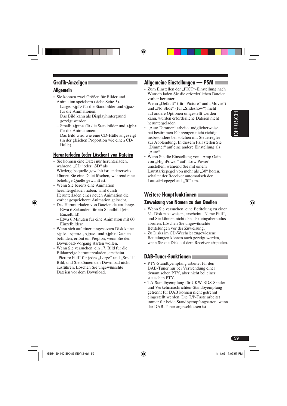 Deutsch allgemeine einstellungen — psm, Weitere hauptfunktionen, Dab-tuner-funktionen | Grafik-anzeigen | JVC KD-SHX851 User Manual | Page 123 / 195