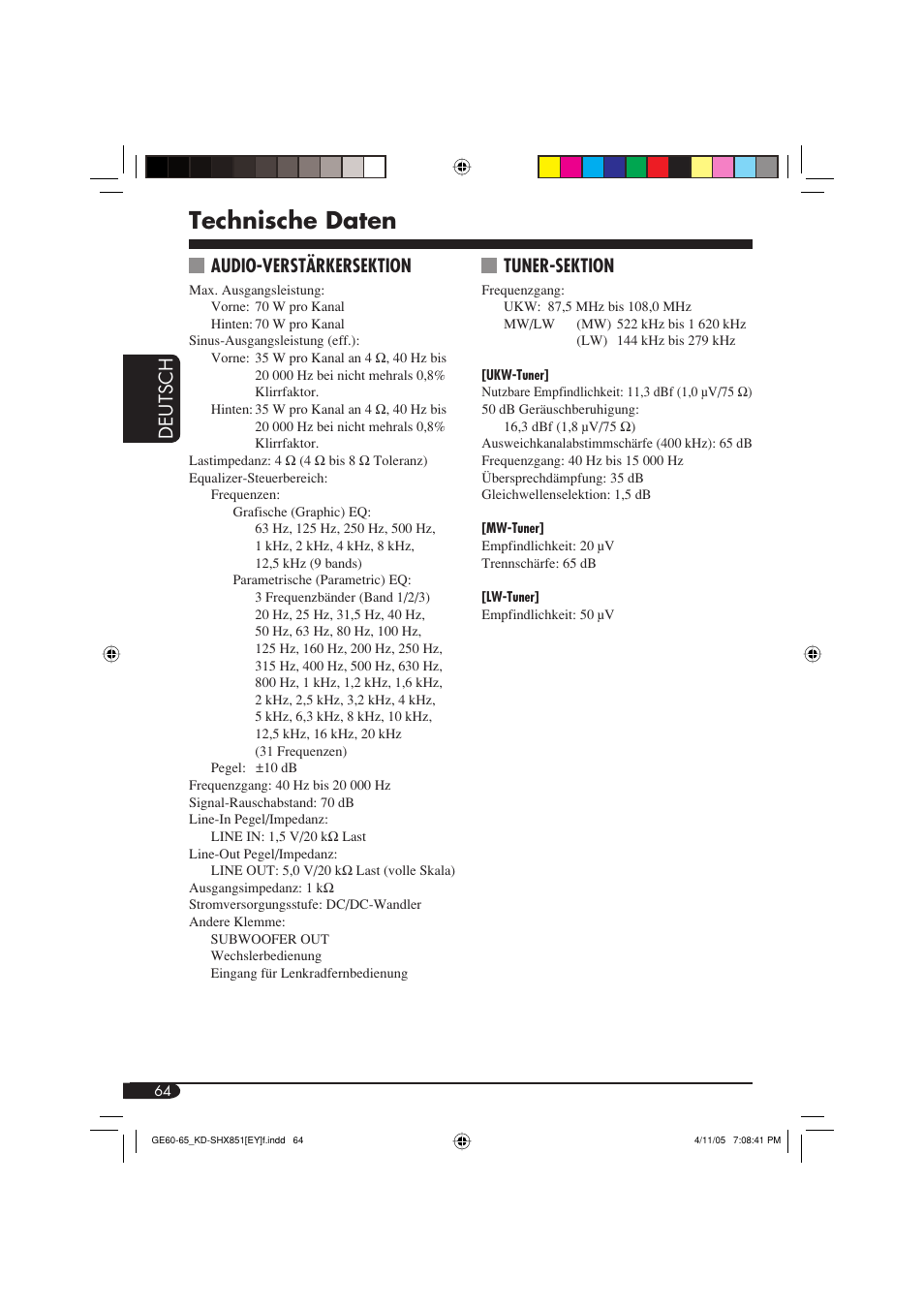 Technische daten, Deutsch, Audio-verstärkersektion | Tuner-sektion | JVC KD-SHX851 User Manual | Page 128 / 195