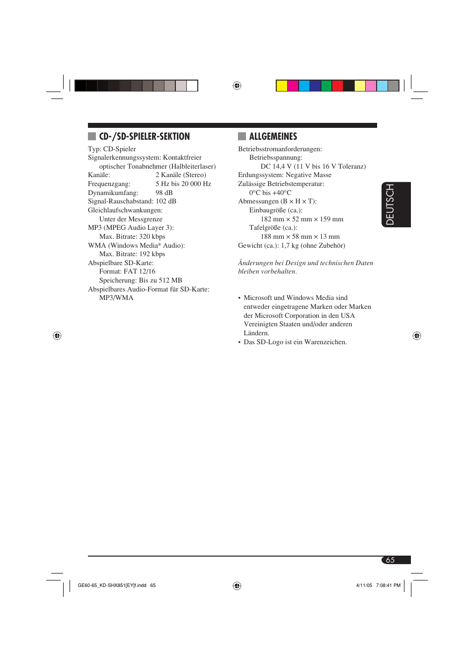 Deutsch cd-/sd-spieler-sektion, Allgemeines | JVC KD-SHX851 User Manual | Page 129 / 195
